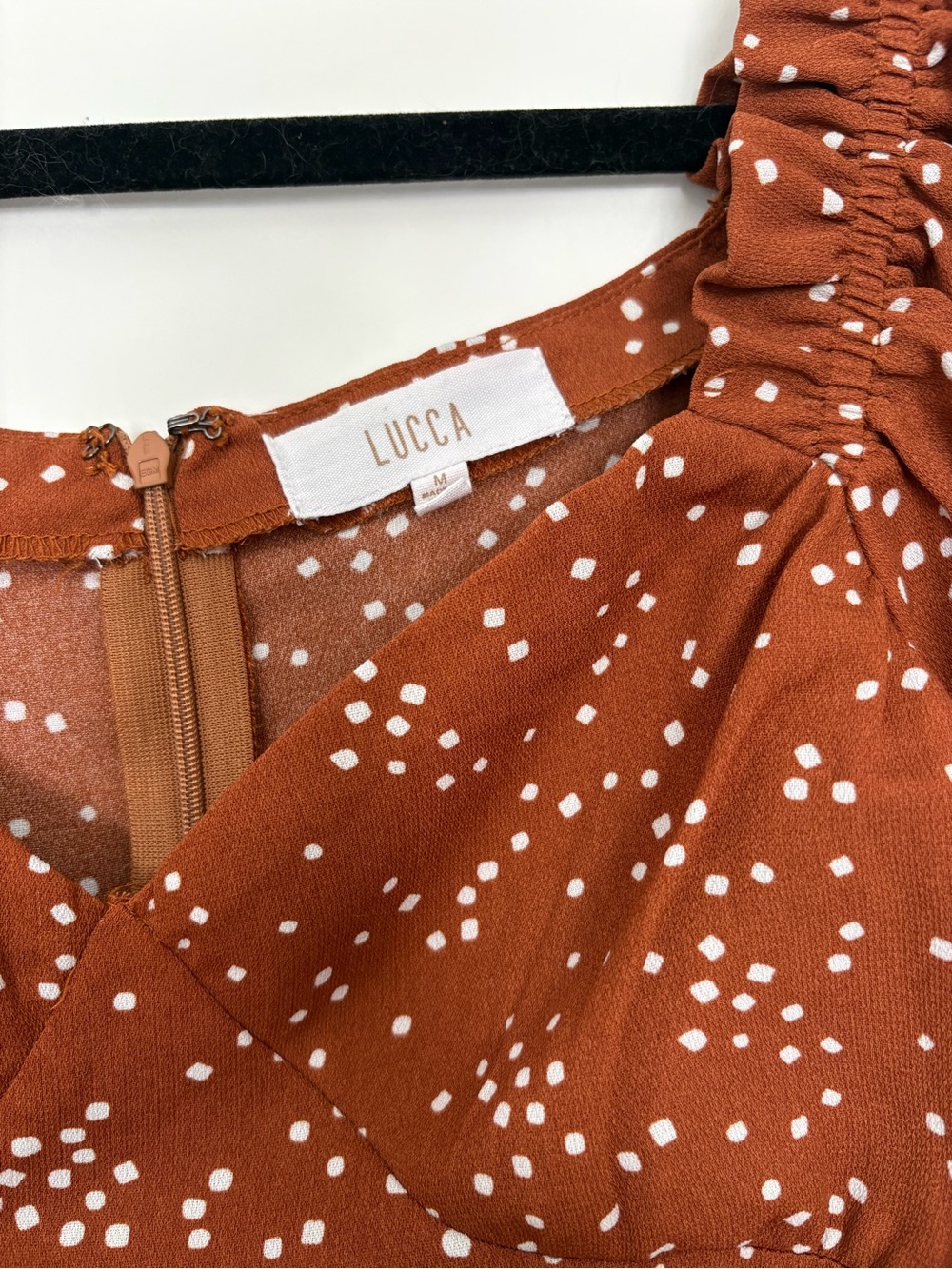Lucca Rust Flowy Polka Dot Maxi Dress with Puff Sleeves, Size Medium - Picture 3 of 4
